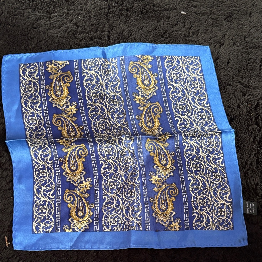 Blue and Gold Paisley Silk Pocket Square.